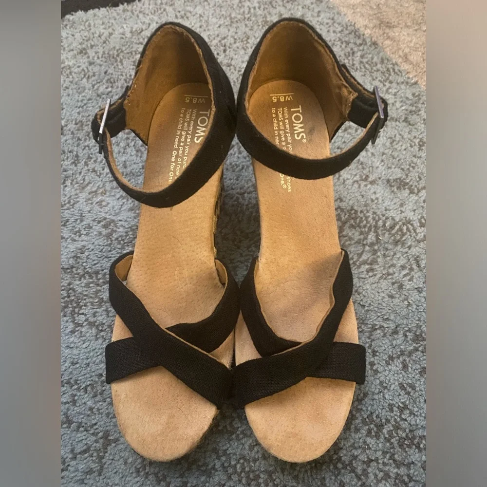 Toms Black, Tan Chevron Wedge Heel Espadrille Sandals